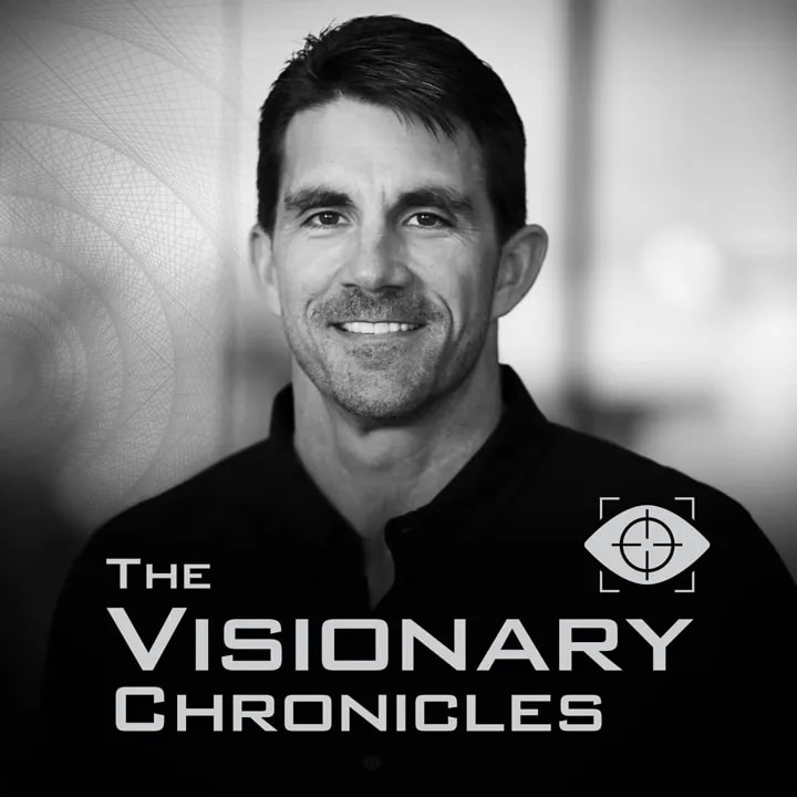 Sharp black-and-white portrait and branding reading 'The Visionary Chronicles' with an eye icon
