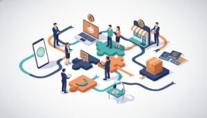 Business leader and team aligning brand touchpoints—devices, storefront, packaging, and support—connected by a colored ribbon symbolizing trust and consistency