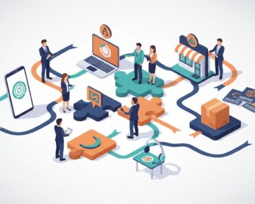 Business leader and team aligning brand touchpoints—devices, storefront, packaging, and support—connected by a colored ribbon symbolizing trust and consistency