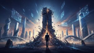 Silhouetted leader stepping off a cracked pedestal as stone and glass shards transform into futuristic architectural forms, symbolizing visionary business disruption