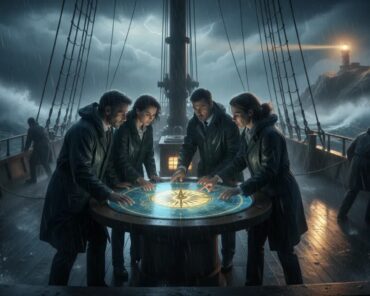 Diverse business leaders on a ship's bridge steering through a violent storm toward a distant lighthouse beacon, symbolizing visionary leadership and resilience in a brand crisis